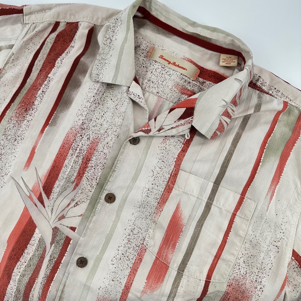 Tommy Bahama Button Down Shirt Mens Large Red Silk Striped Palm Leaf Tropical